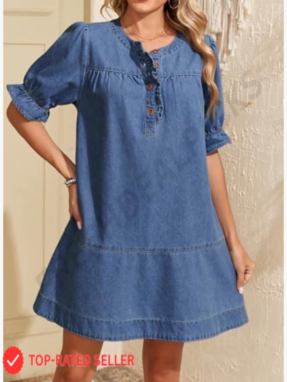 Denim Babydoll Dress with Ruffle Short Sleeves Casual Button Front Mini Dress - Picture 5 of 7